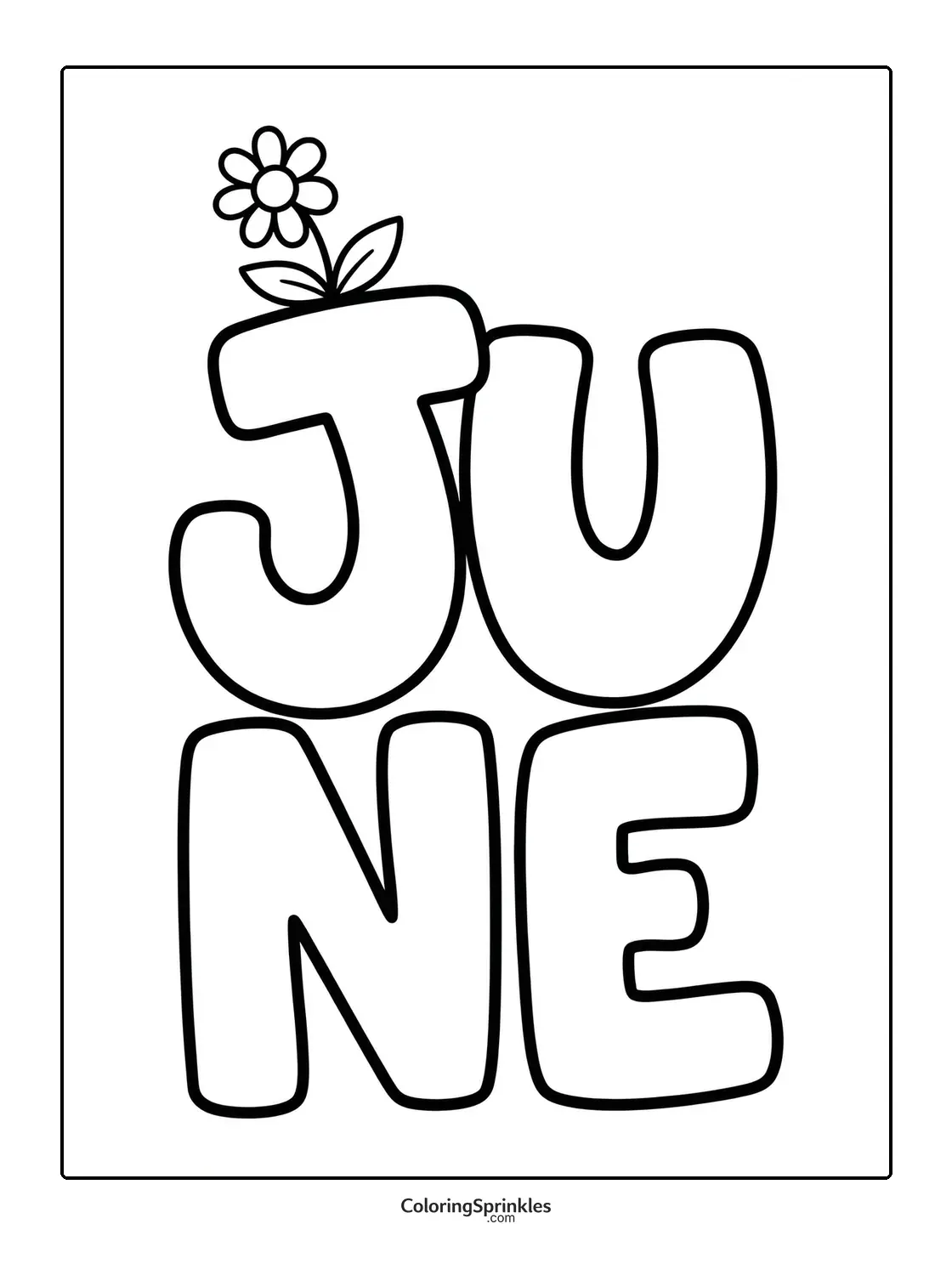 Coloring page of the word June in bubble letters with a flower