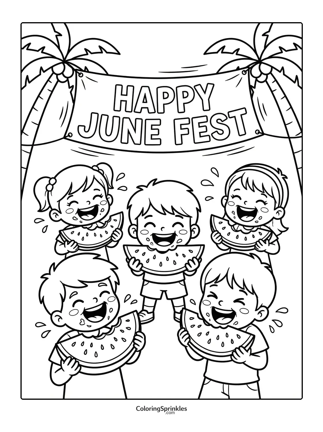 Coloring page of kids eating watermelon at a June Fest with palm trees