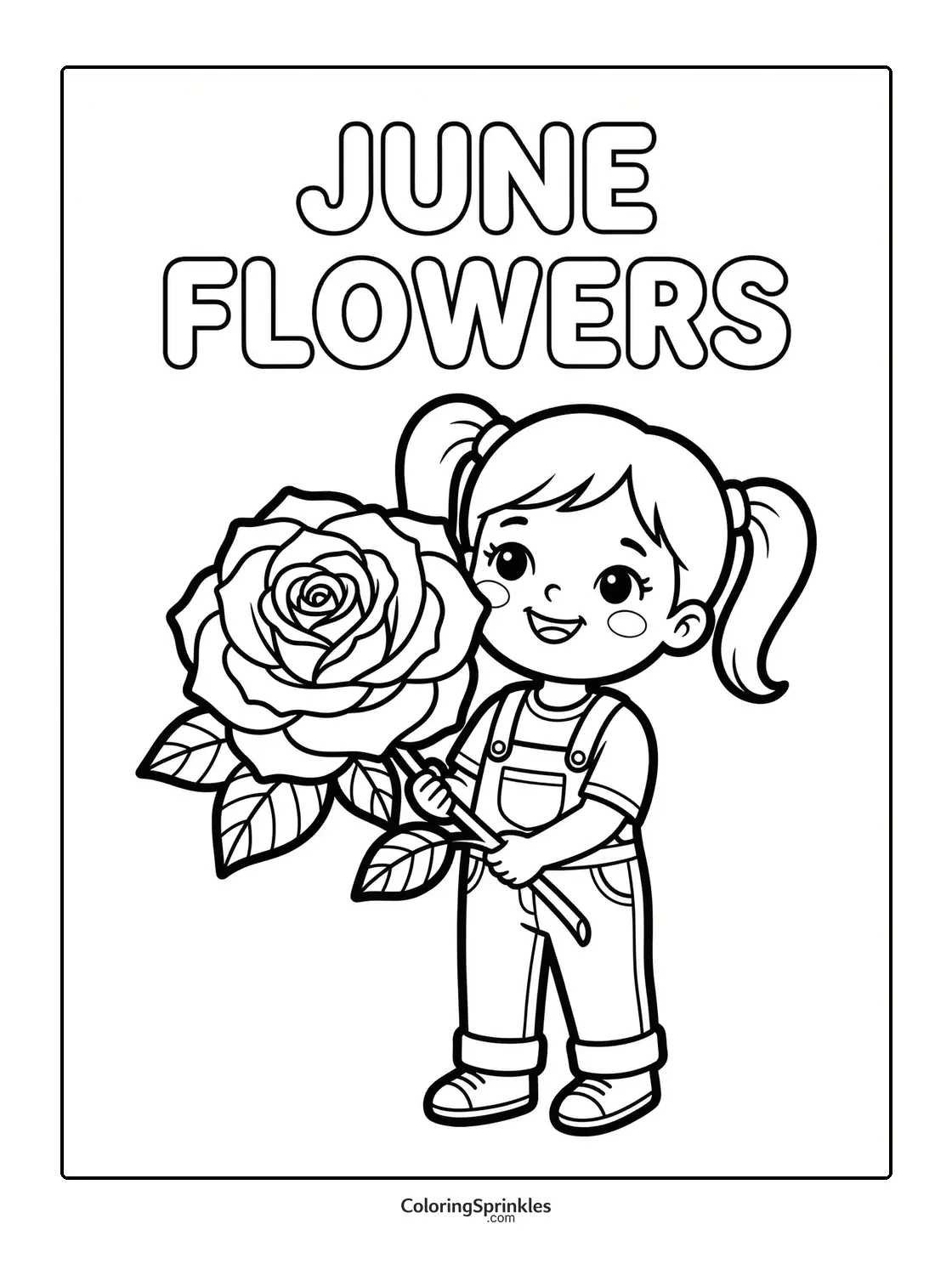 Coloring page of a girl holding a large rose with June flowers text