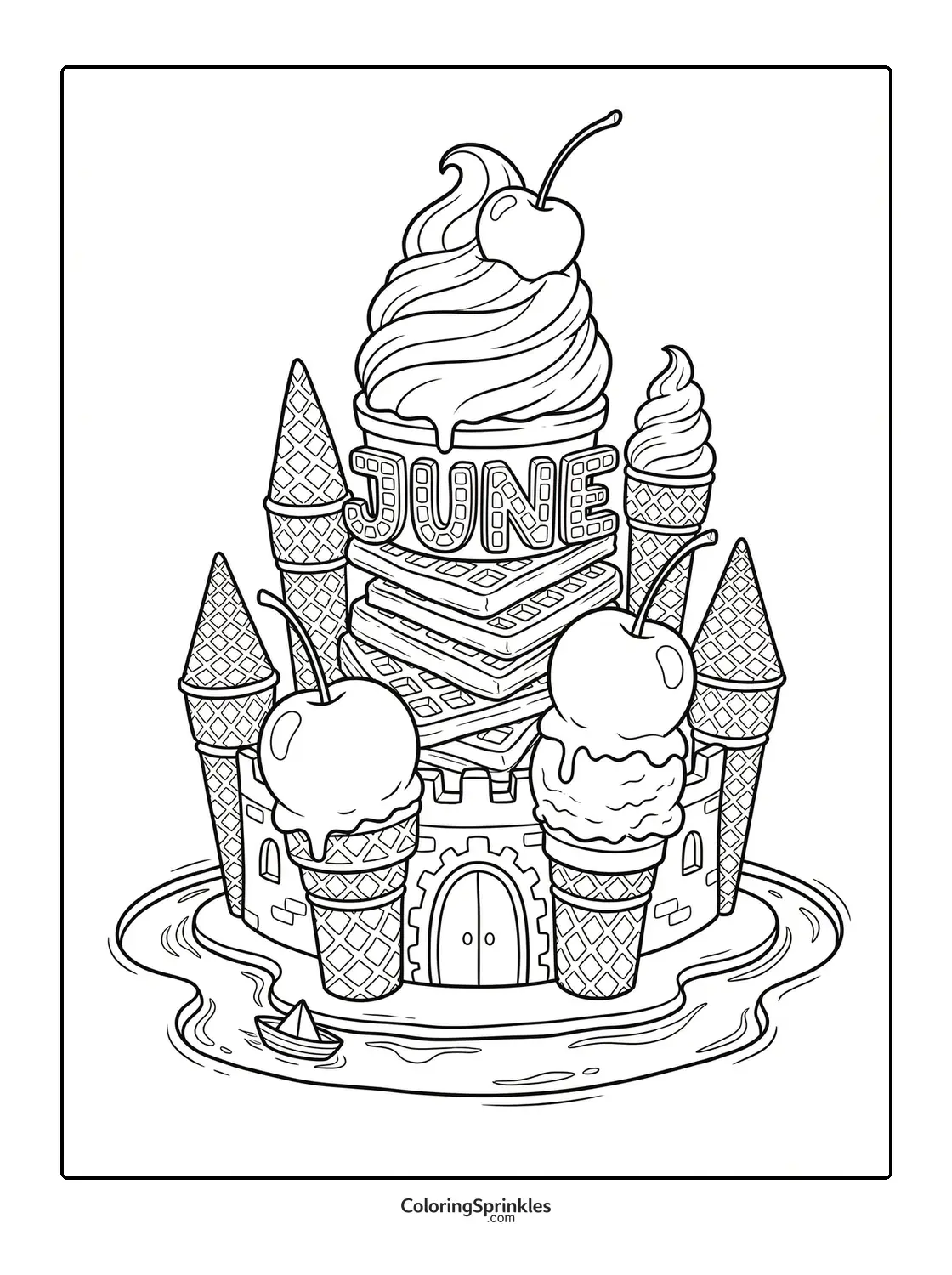 Coloring page of a June ice cream castle with waffles and cherries