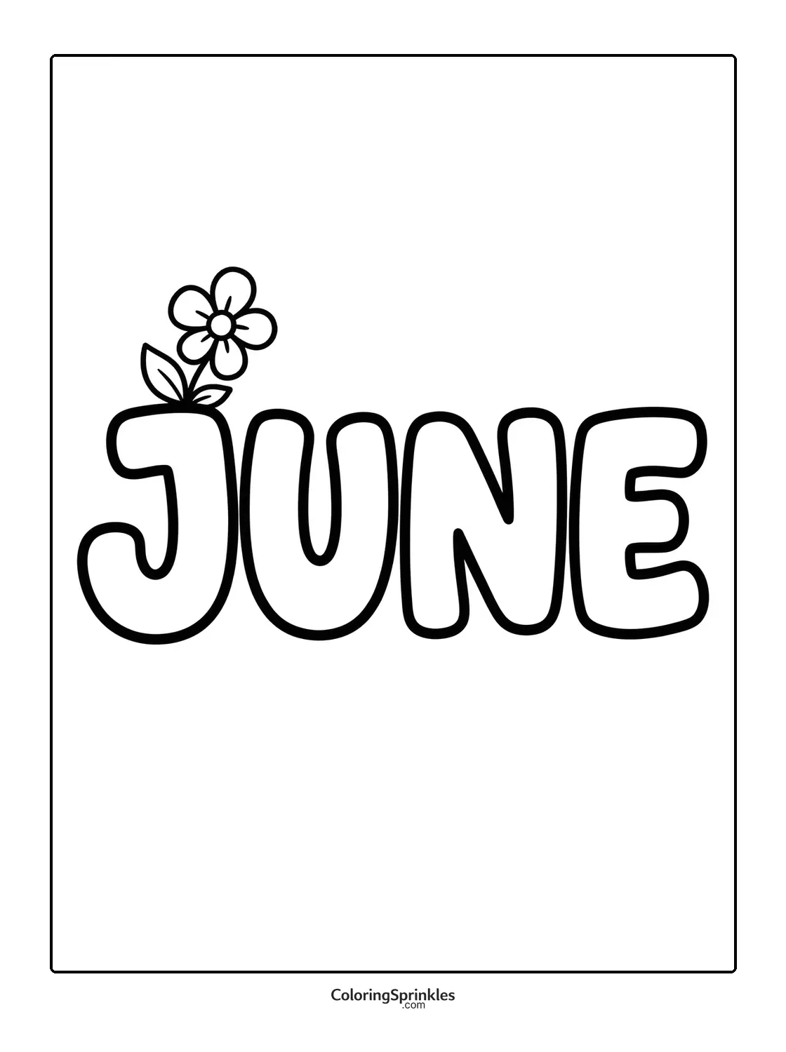Coloring page of the word June with a flower on the letter J