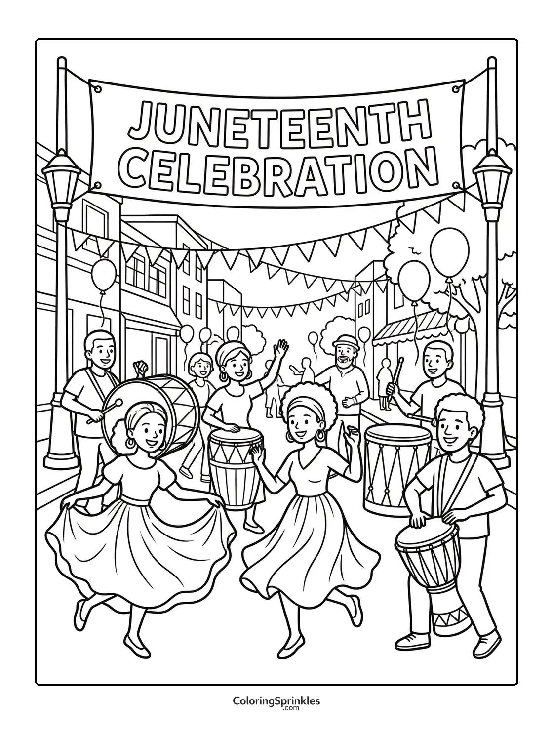Coloring page of a Juneteenth celebration with dancing and drums on a street