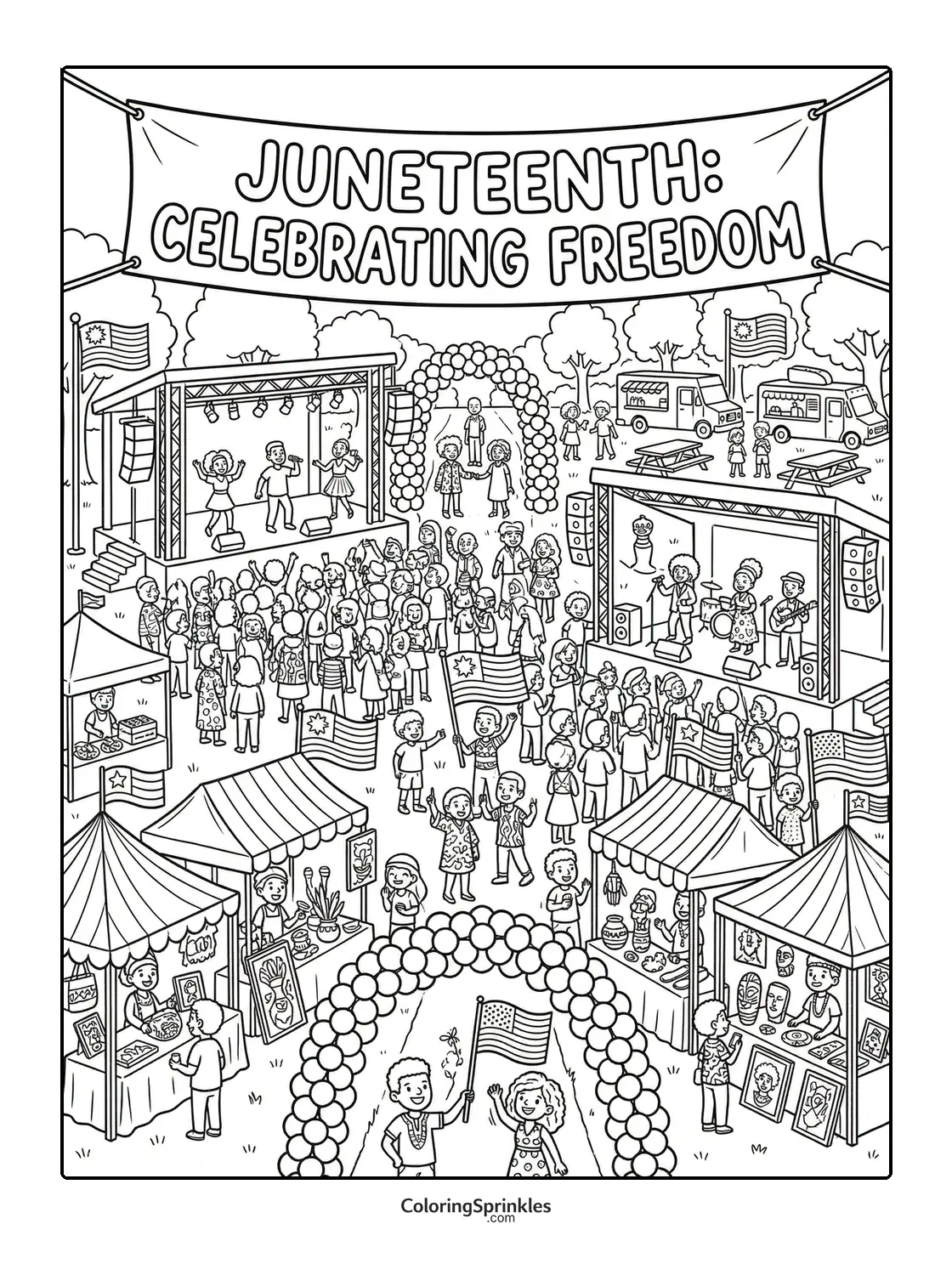Coloring page of a Juneteenth celebration festival with music and arts