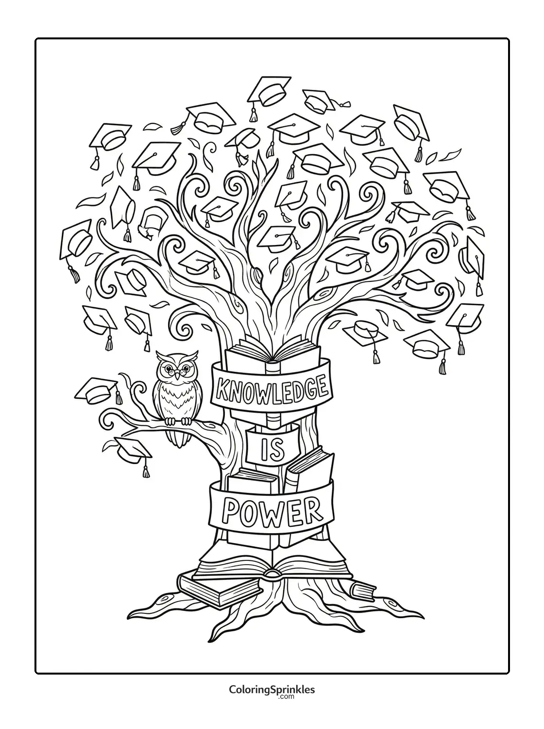 Coloring page of a knowledge tree with graduation caps, an owl, and books