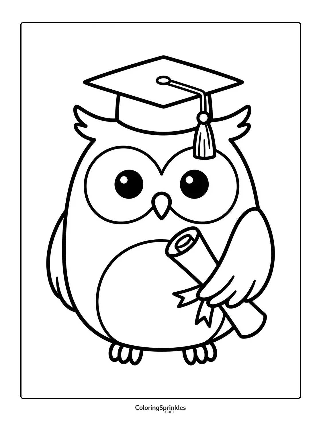Coloring page of an owl wearing a graduation cap and holding a diploma