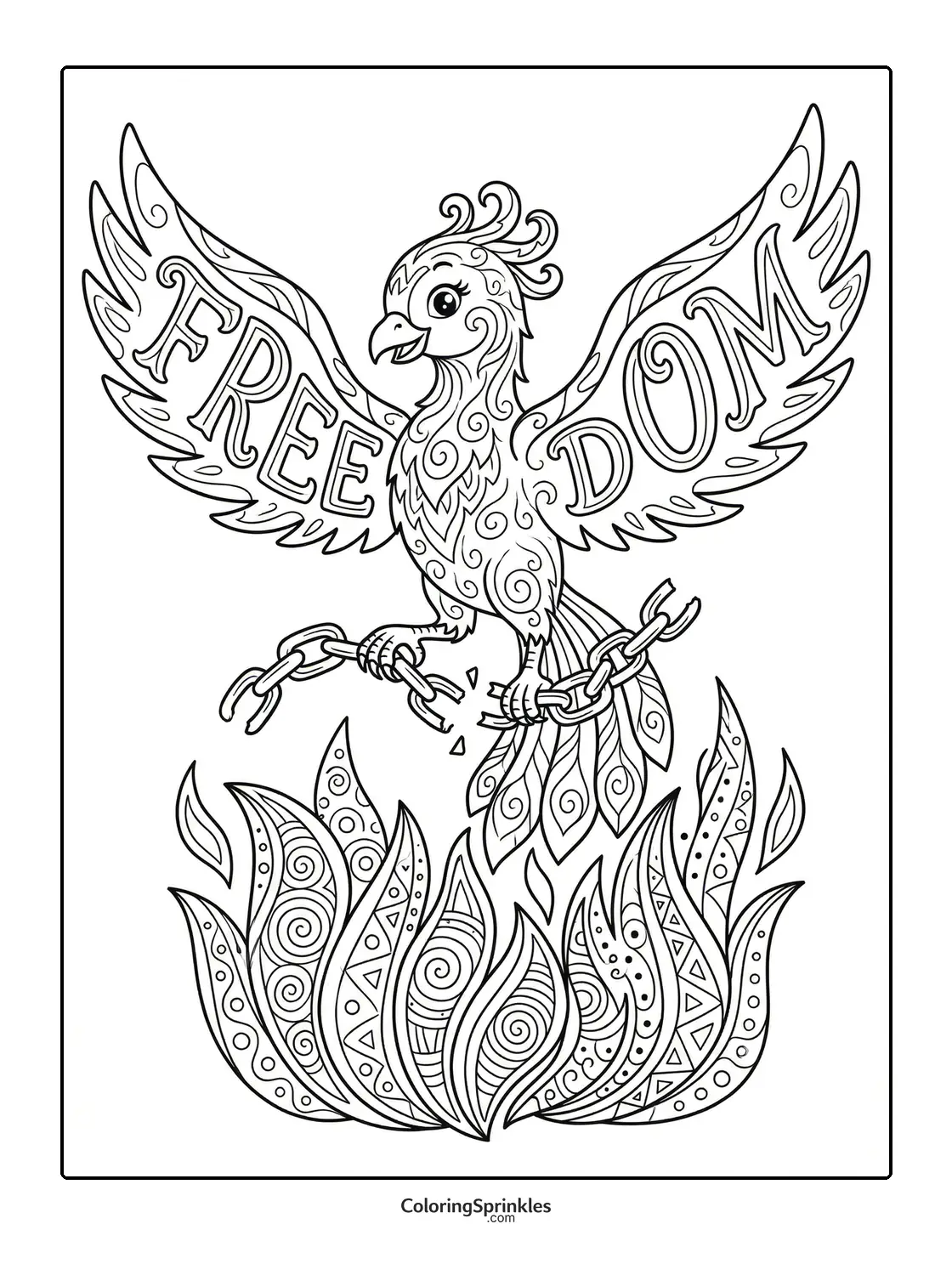 Coloring page of a phoenix bird breaking chains with freedom text