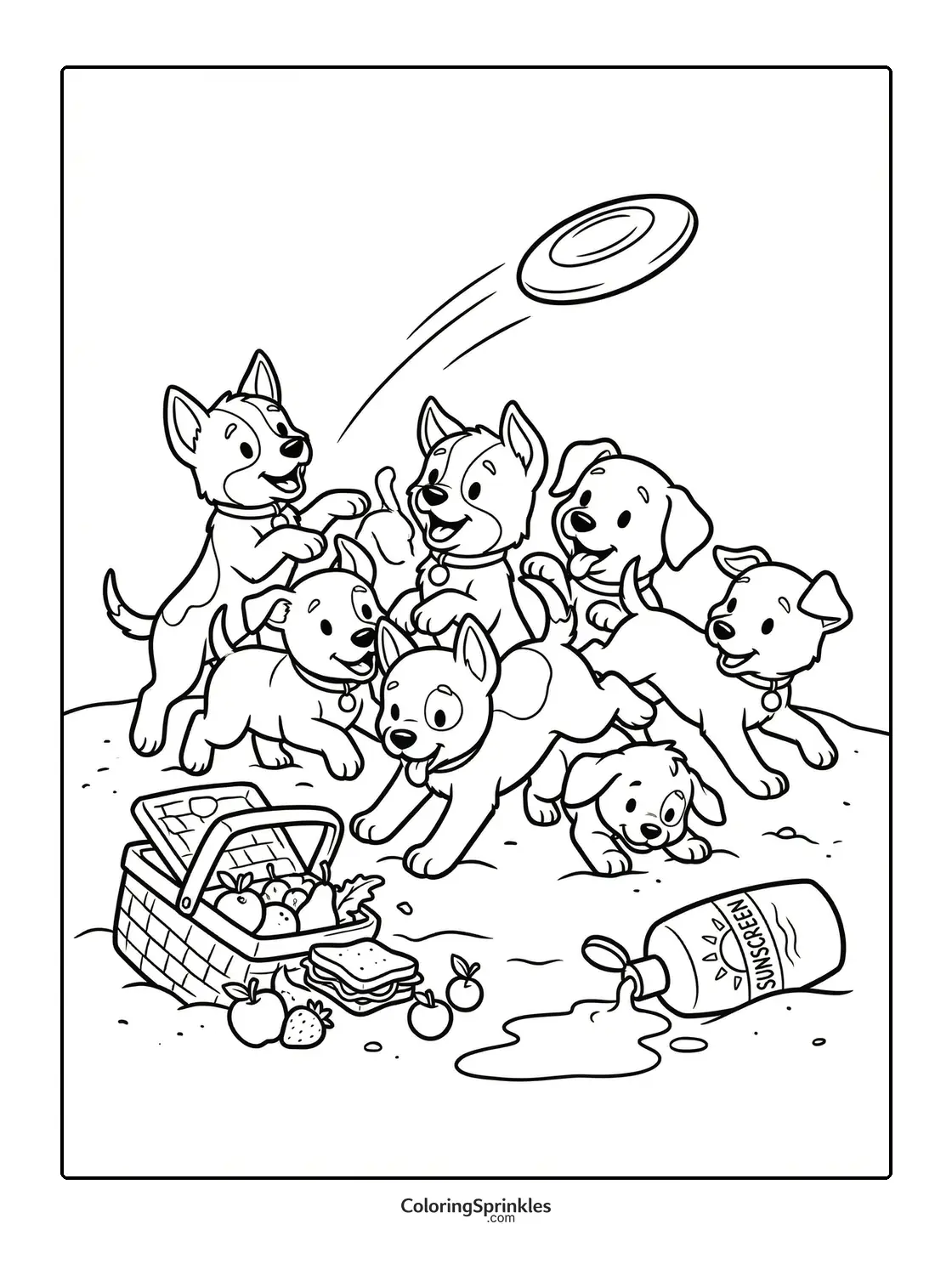 Coloring page of puppies playing with a frisbee near a picnic basket and spilled sunscreen