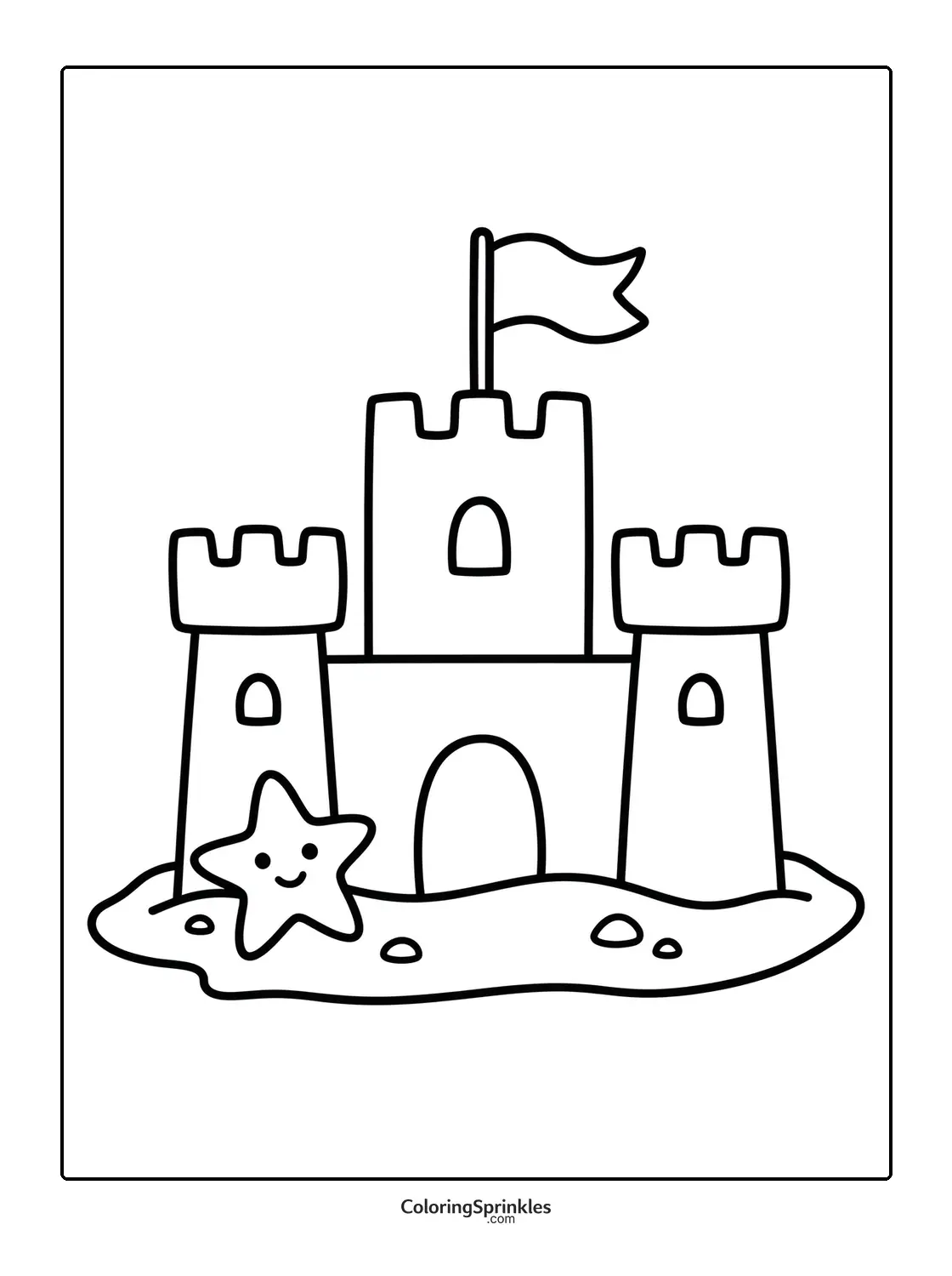 Coloring page of a sandcastle with a flag and a smiling starfish on sand