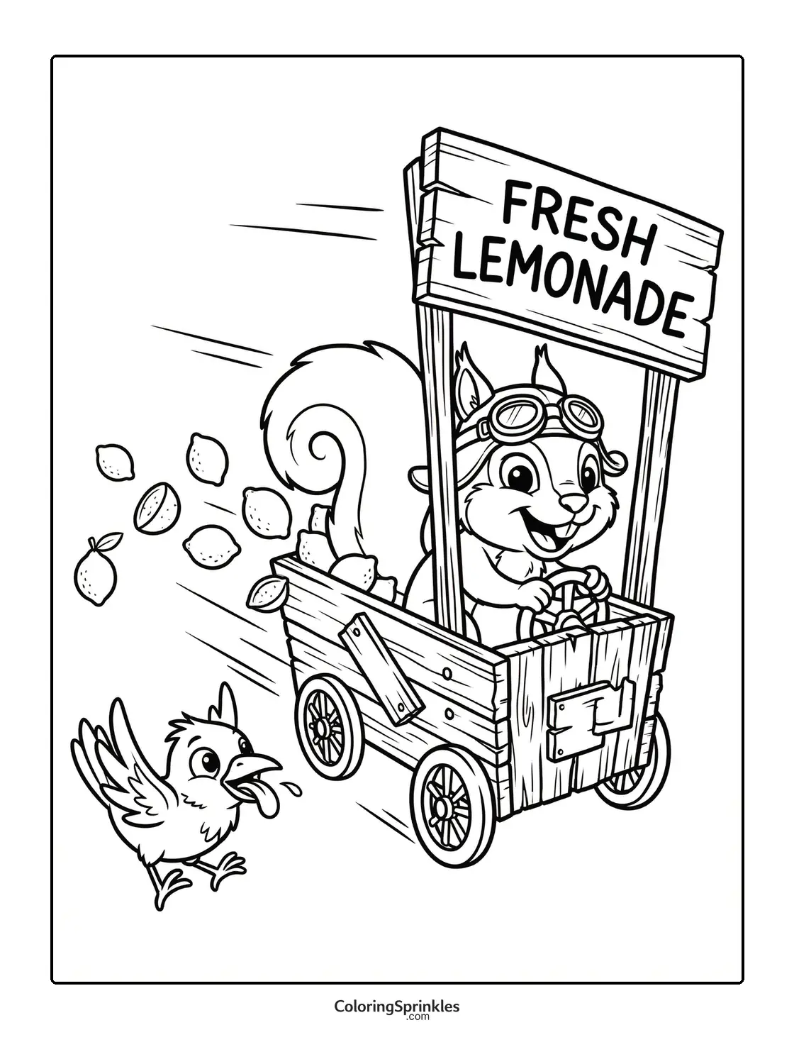 Coloring page of a squirrel driving a lemonade cart with a bird chasing