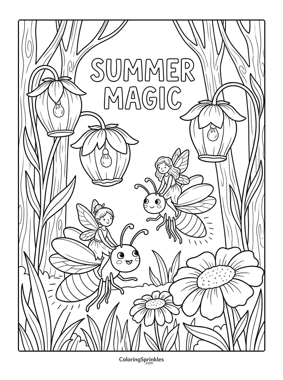 Coloring page of summer magic with fairies riding bees among flowers and lanterns