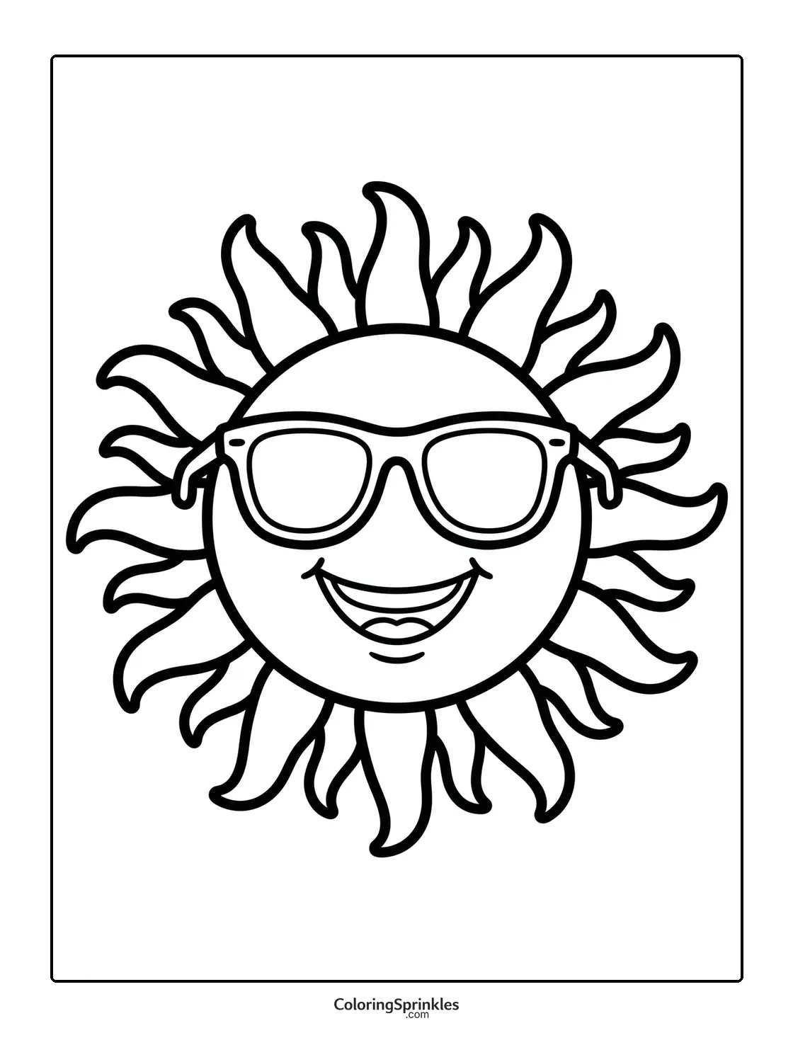 Coloring page of a smiling sun wearing sunglasses