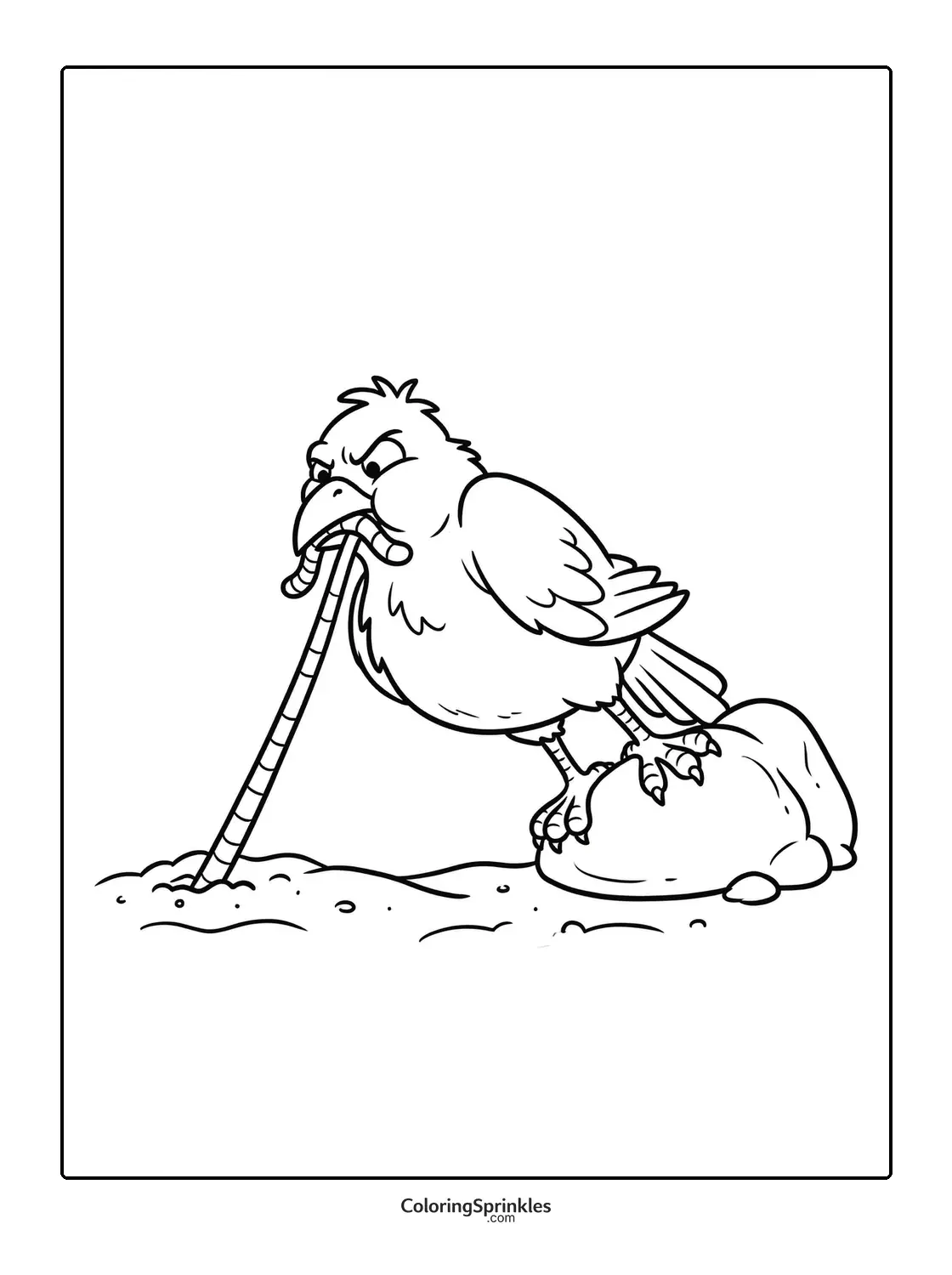 Coloring page of an angry bird catching a worm while standing on a rock