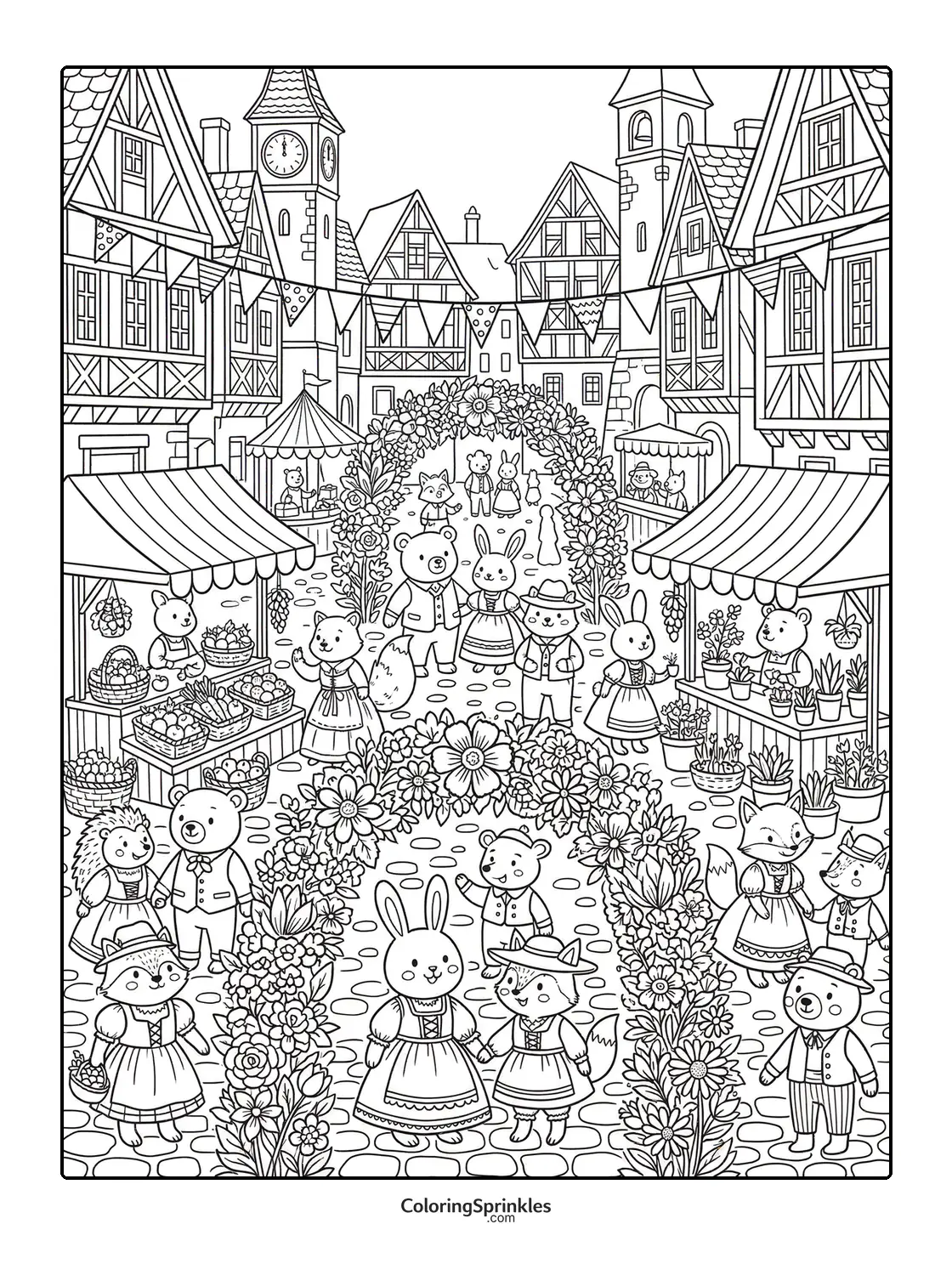 Coloring page of an animal village festival with flower arches and market stalls