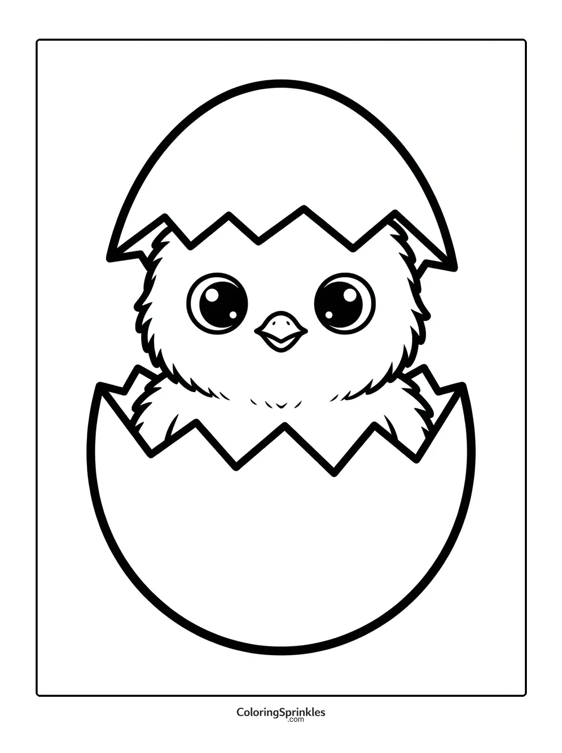 Coloring page of a baby chick hatching from an egg