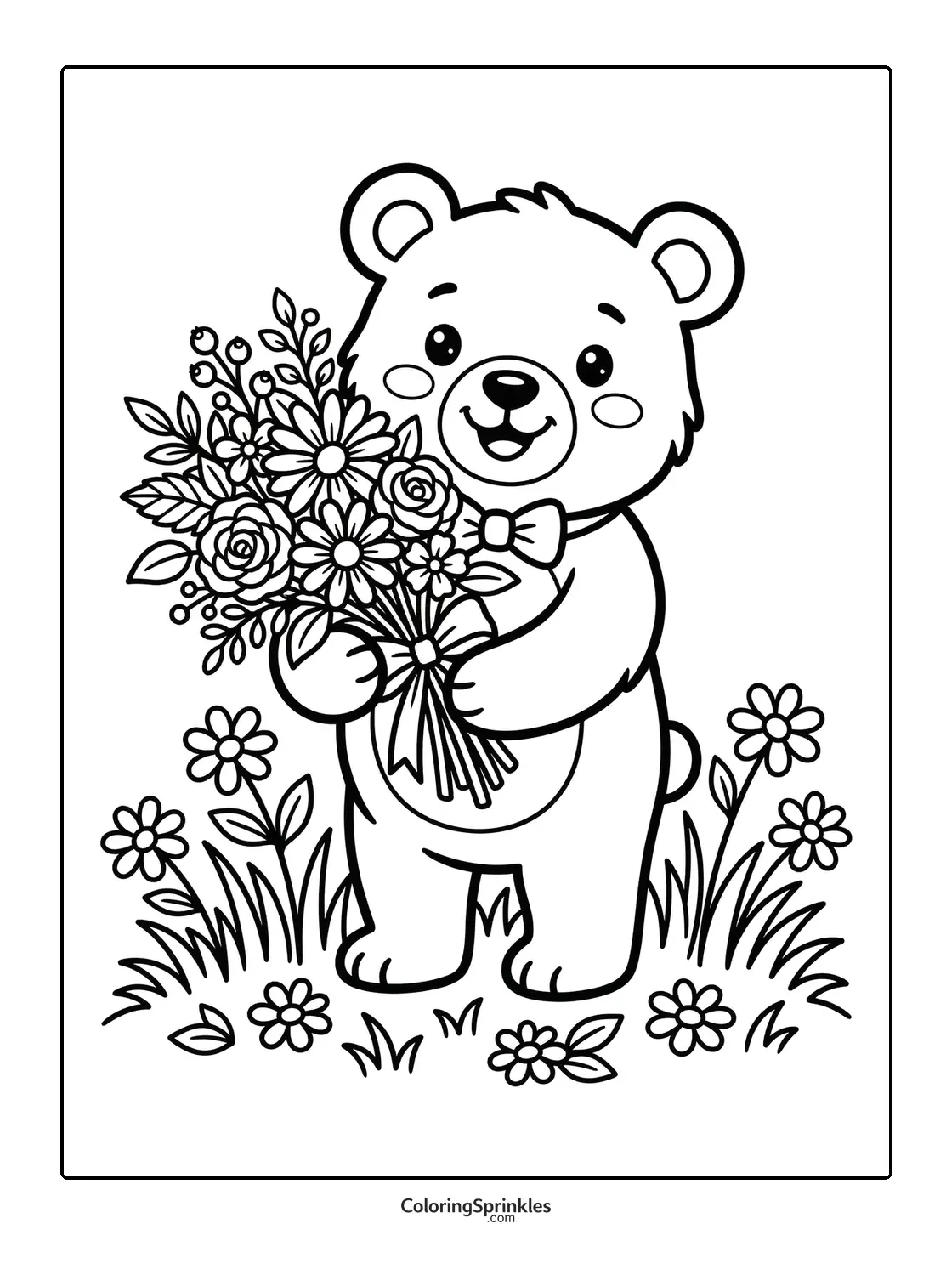 Coloring page of a bear holding a bouquet of flowers