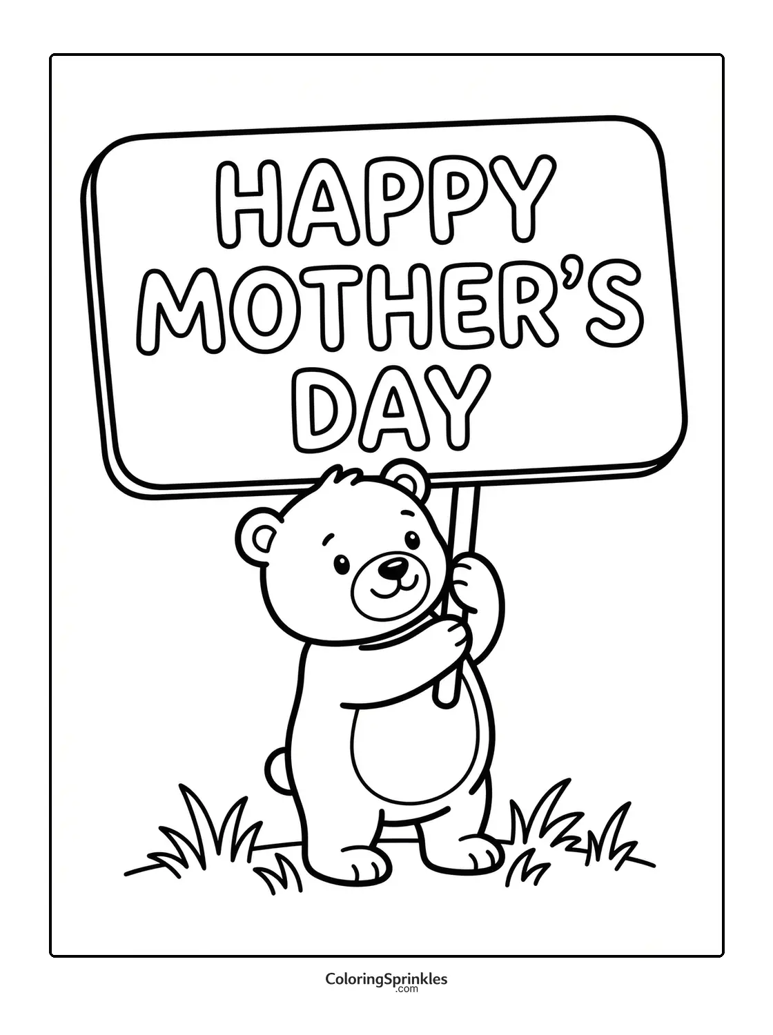 Coloring page of a bear holding a Happy Mother's Day sign