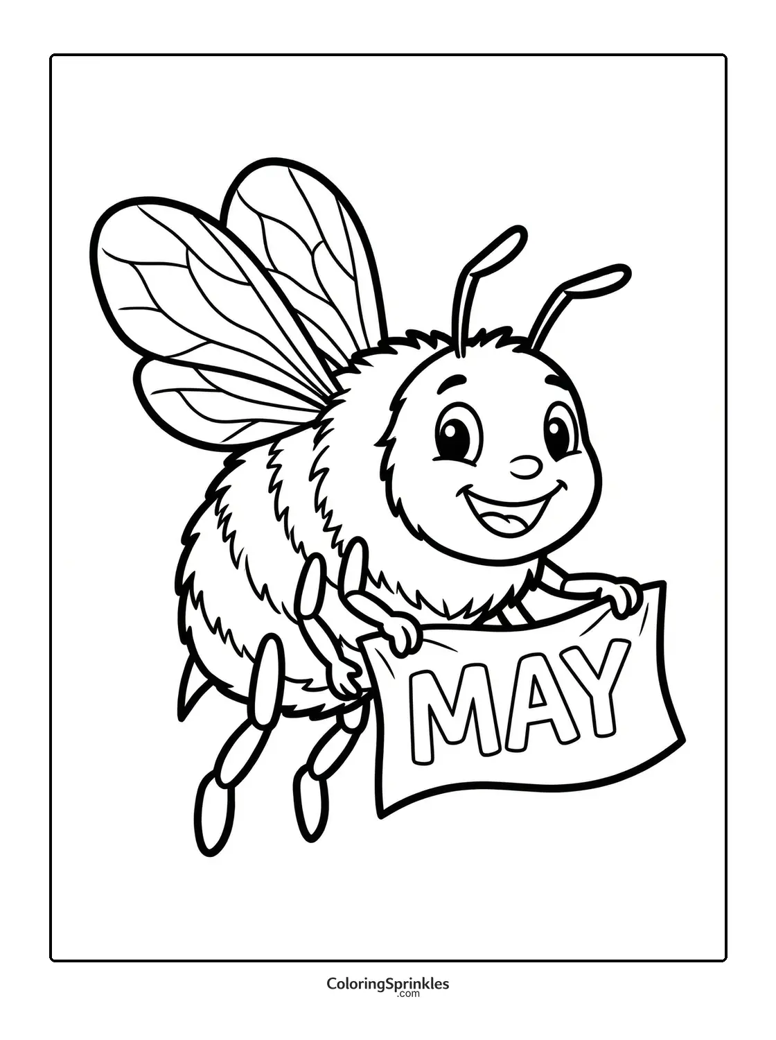 Coloring page of a happy bee holding a May sign
