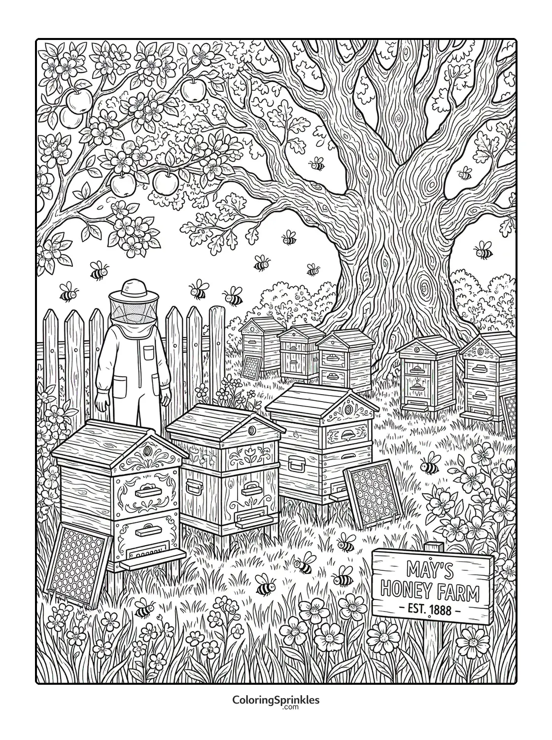 Coloring page of a beekeeper at a honey farm with beehives and an apple tree