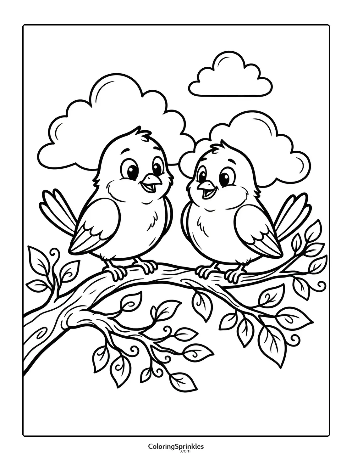 Coloring page of two birds sitting on a leafy branch with clouds