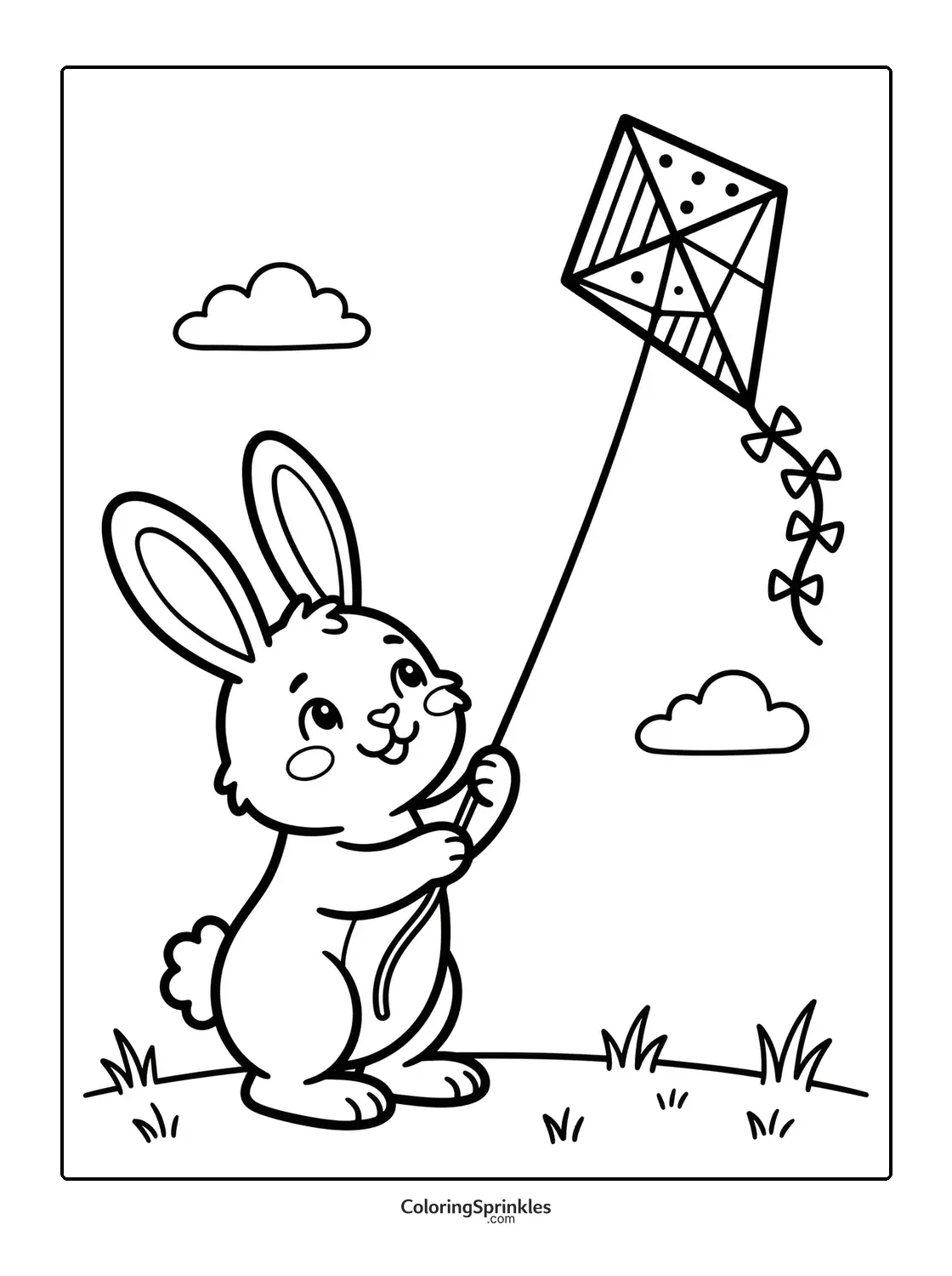 Coloring page of a bunny flying a kite with clouds and grass