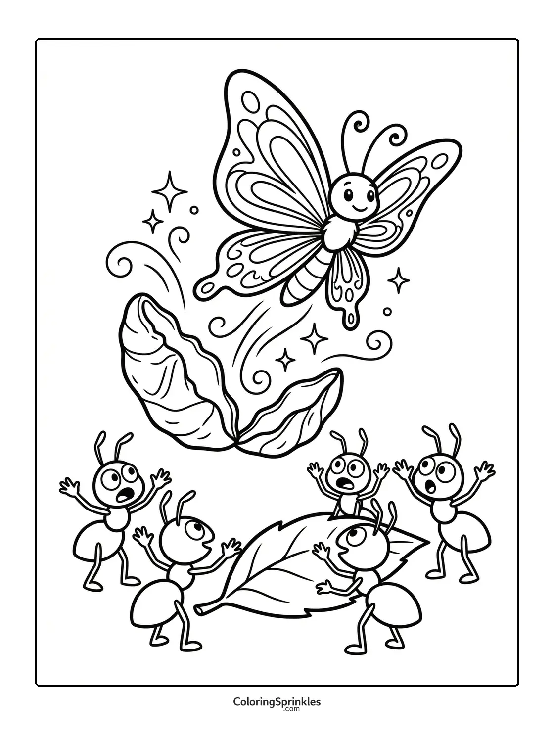 Coloring page of a butterfly emerging from a cocoon with surprised ants and leaves