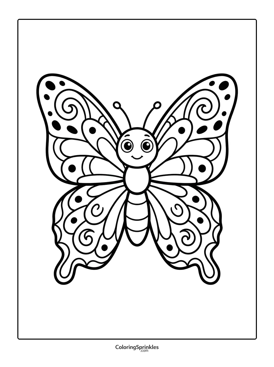 Coloring page of a smiling butterfly with patterned wings
