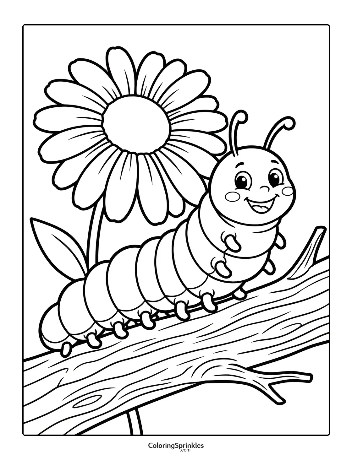 Coloring page of a smiling caterpillar on a branch with a flower