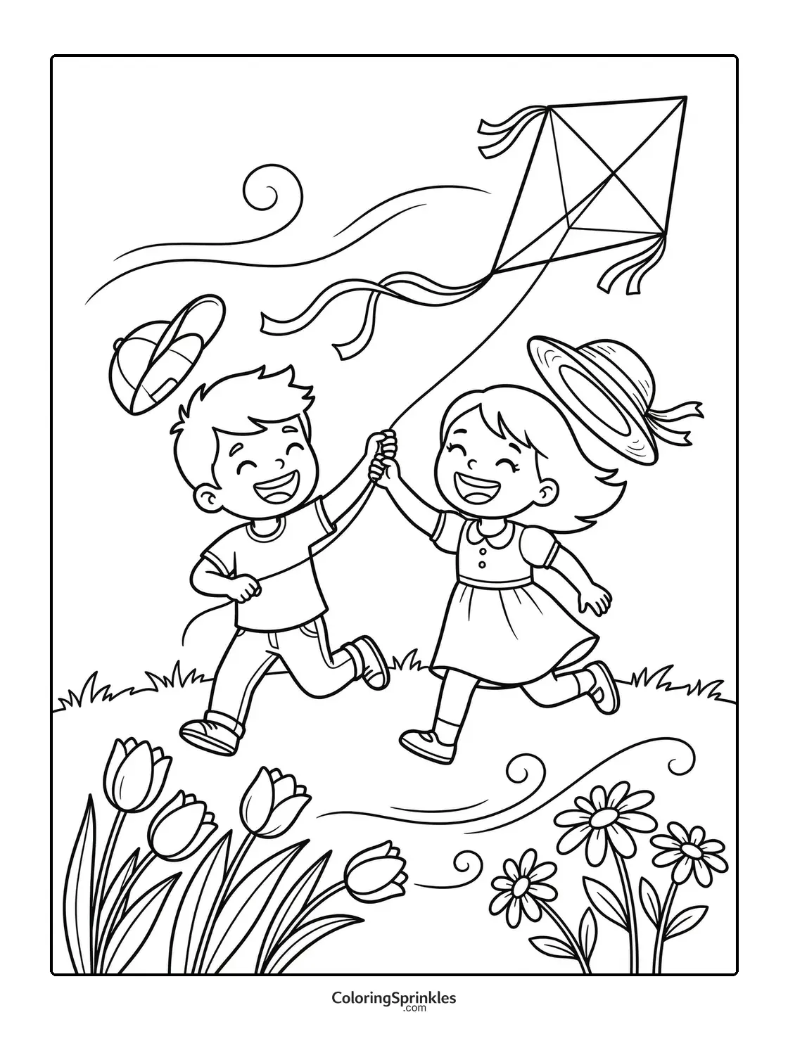 Coloring page of children flying a kite in a spring meadow with flowers