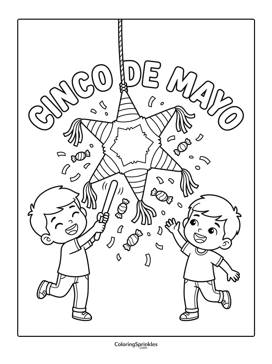 Coloring page of kids breaking a piñata for Cinco de Mayo
