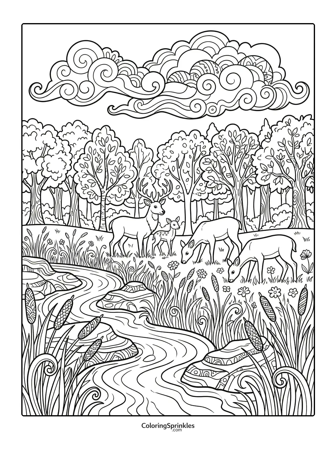 Coloring page of deer grazing near a stream in a forest