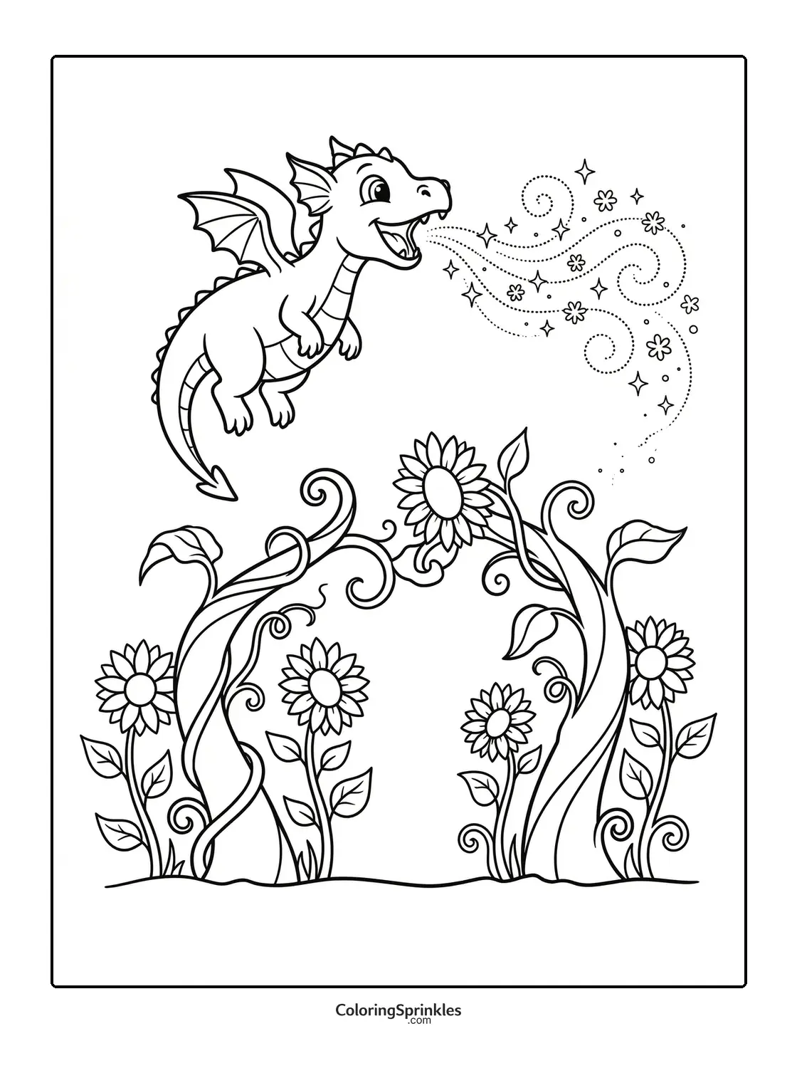 Coloring page of a dragon breathing magic over sunflowers