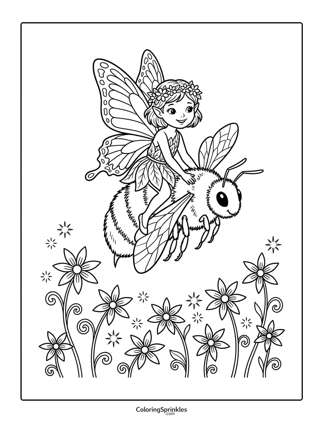 Coloring page of a fairy riding a bee above flowers
