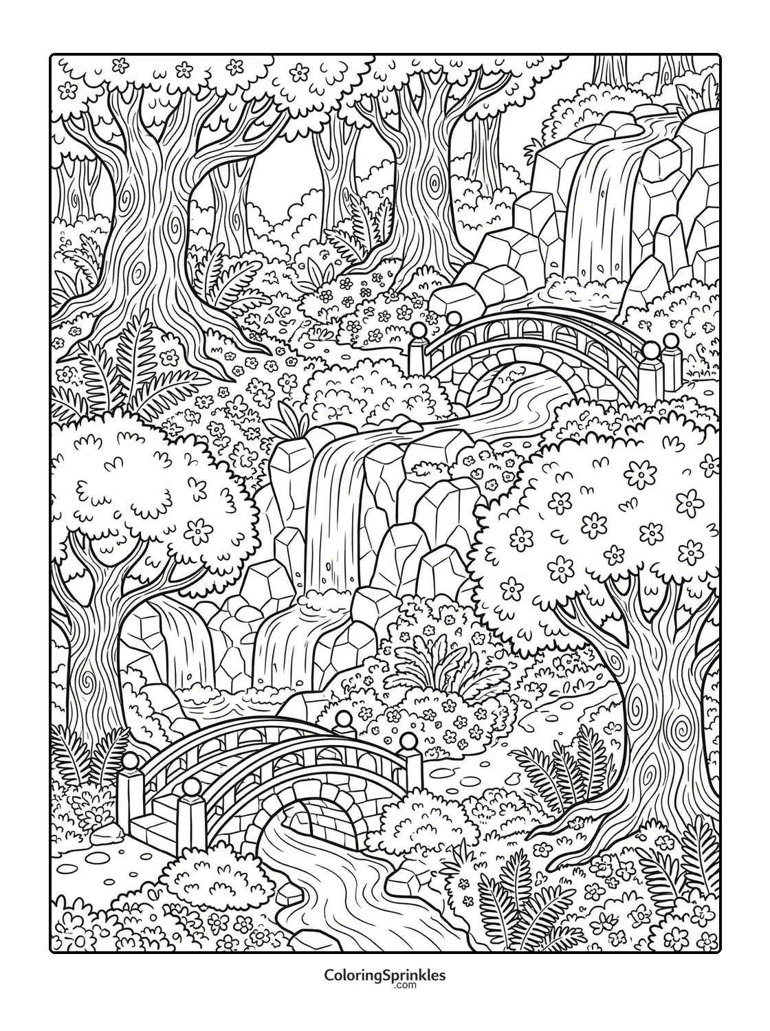 Coloring page of a forest scene with waterfalls, stone bridges, and trees