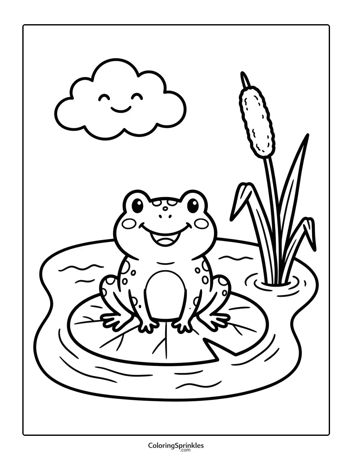Coloring page of a happy frog sitting on a lily pad with cattail and smiling cloud