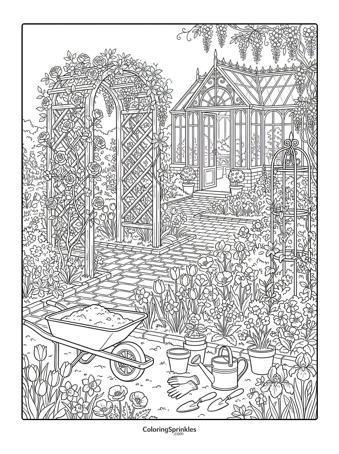 Coloring page of a garden with a greenhouse, flowers and gardening tools