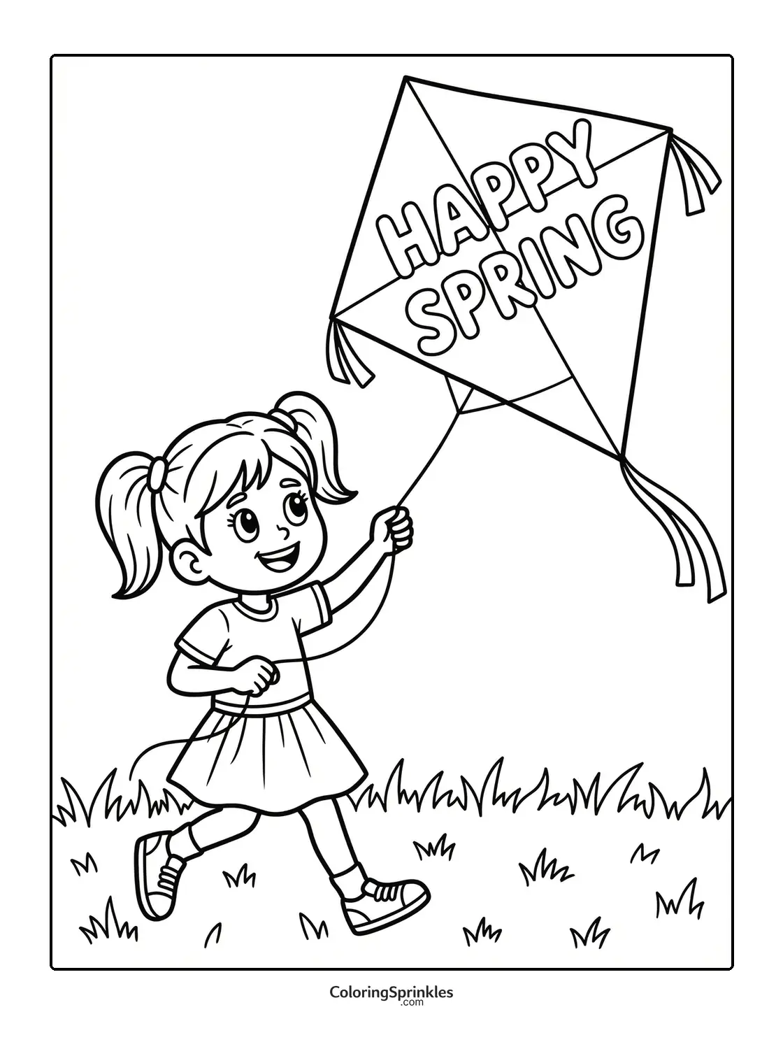 Coloring page of a girl flying a kite with happy spring text