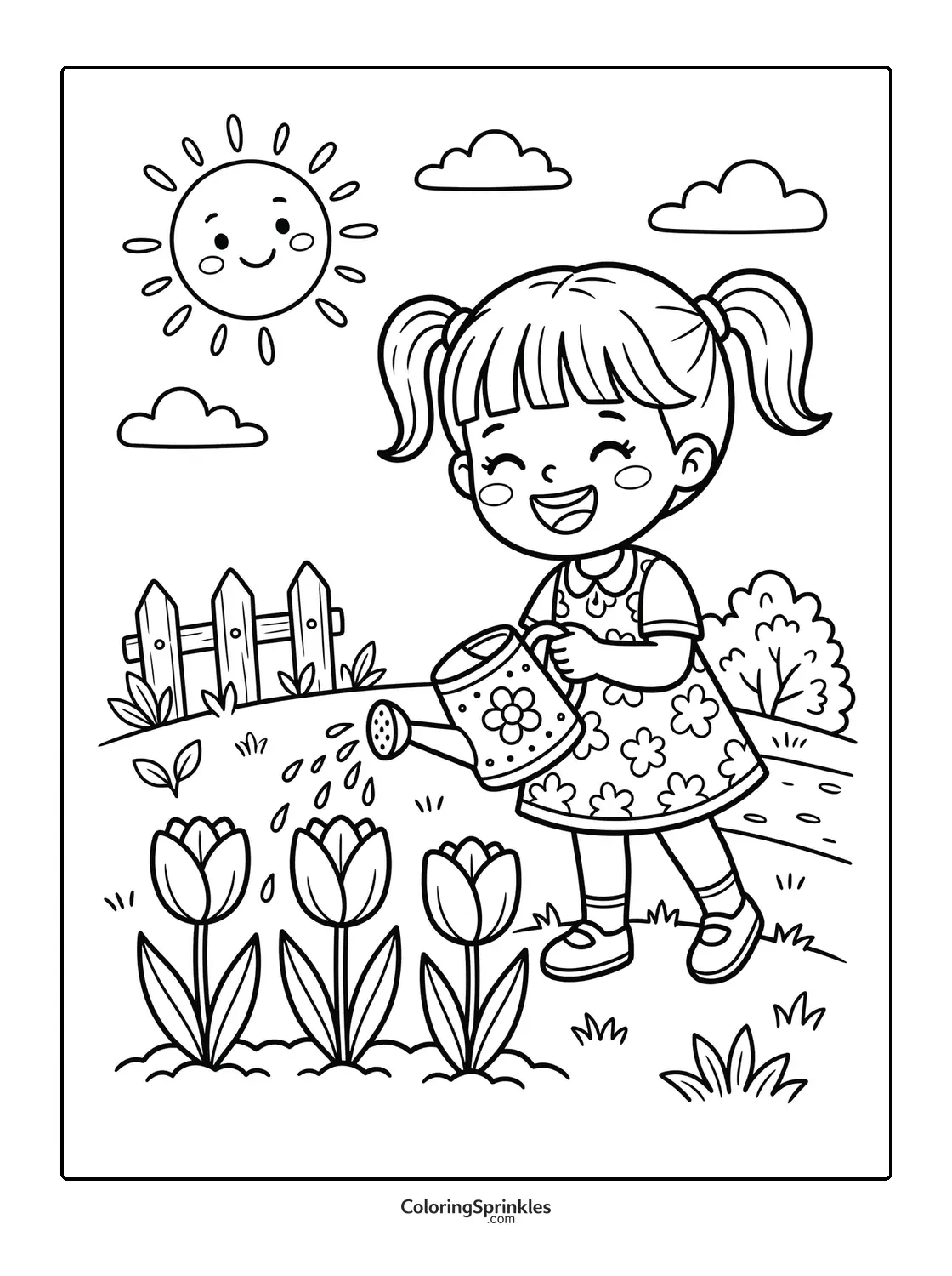 Coloring page of a girl watering flowers in a sunny garden
