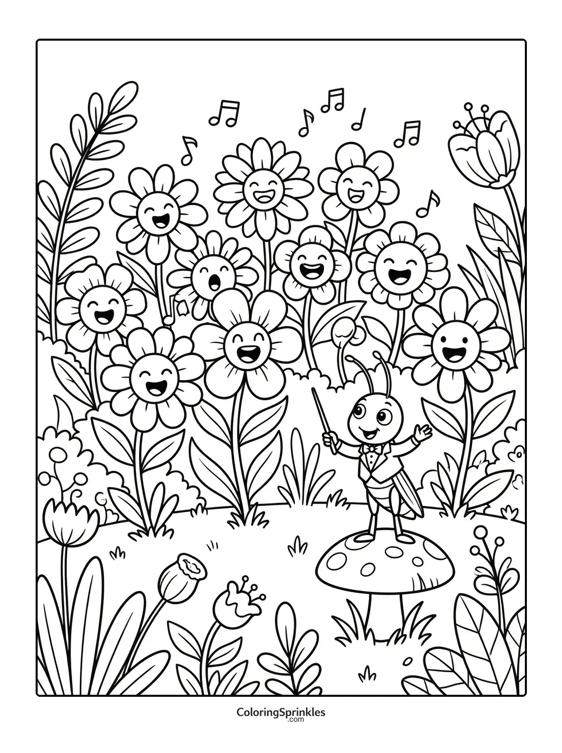 Coloring page of a grasshopper conductor leading singing flowers on a mushroom