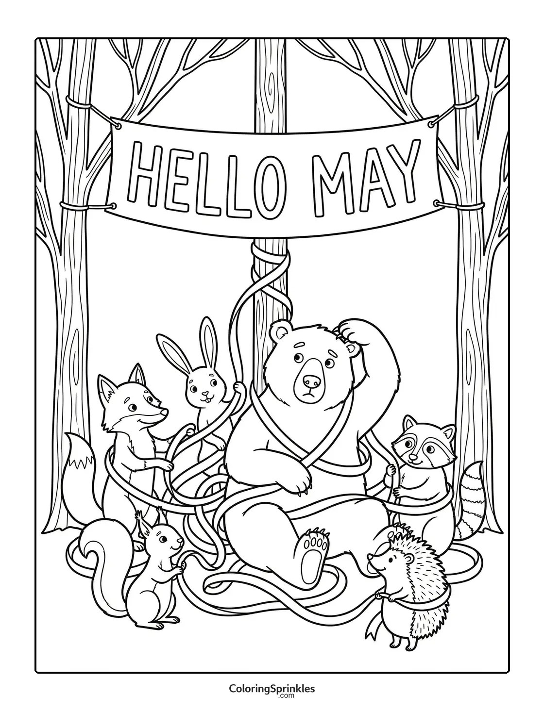 Coloring page of forest animals wrapping a bear in ribbons under a Hello May banner