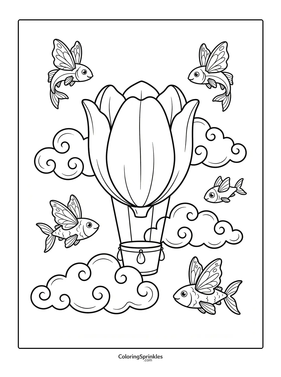 Coloring page of a hot air balloon flying among clouds and winged fish