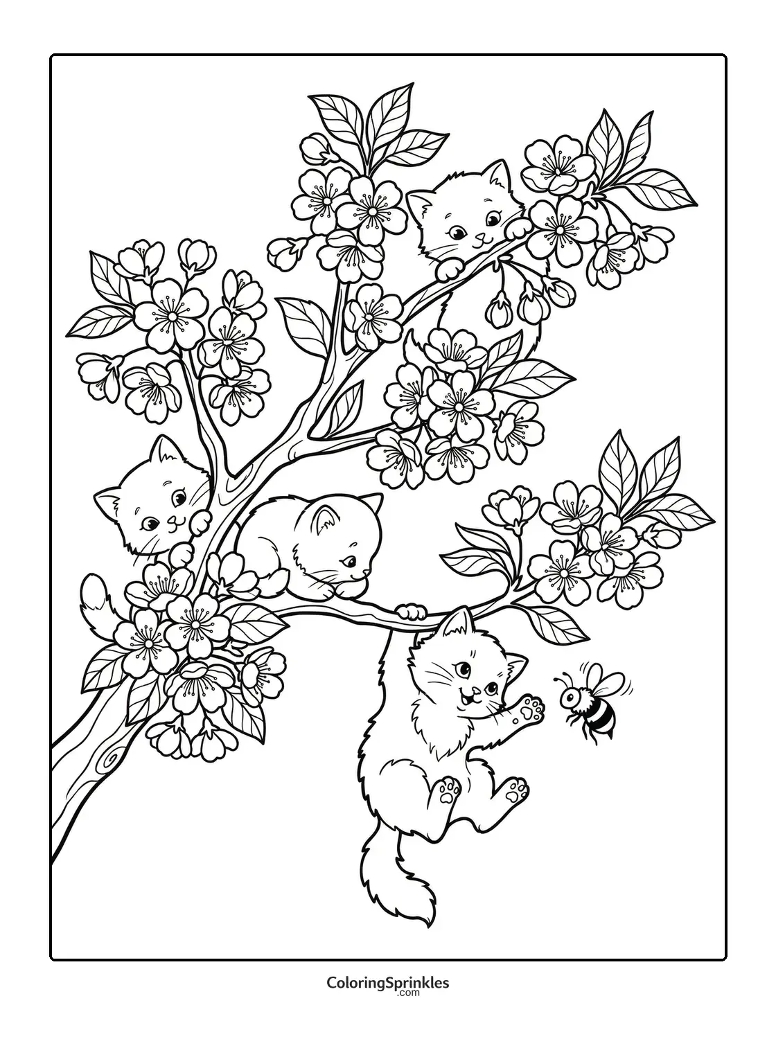 Coloring page of kittens playing in a flowering tree with a bee