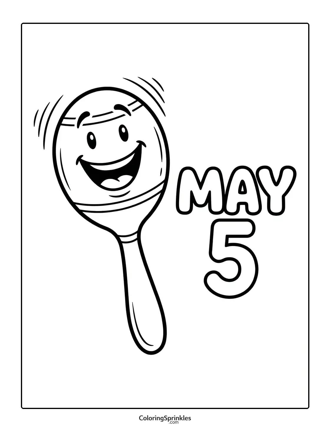Coloring page of a happy maraca with May 5 text
