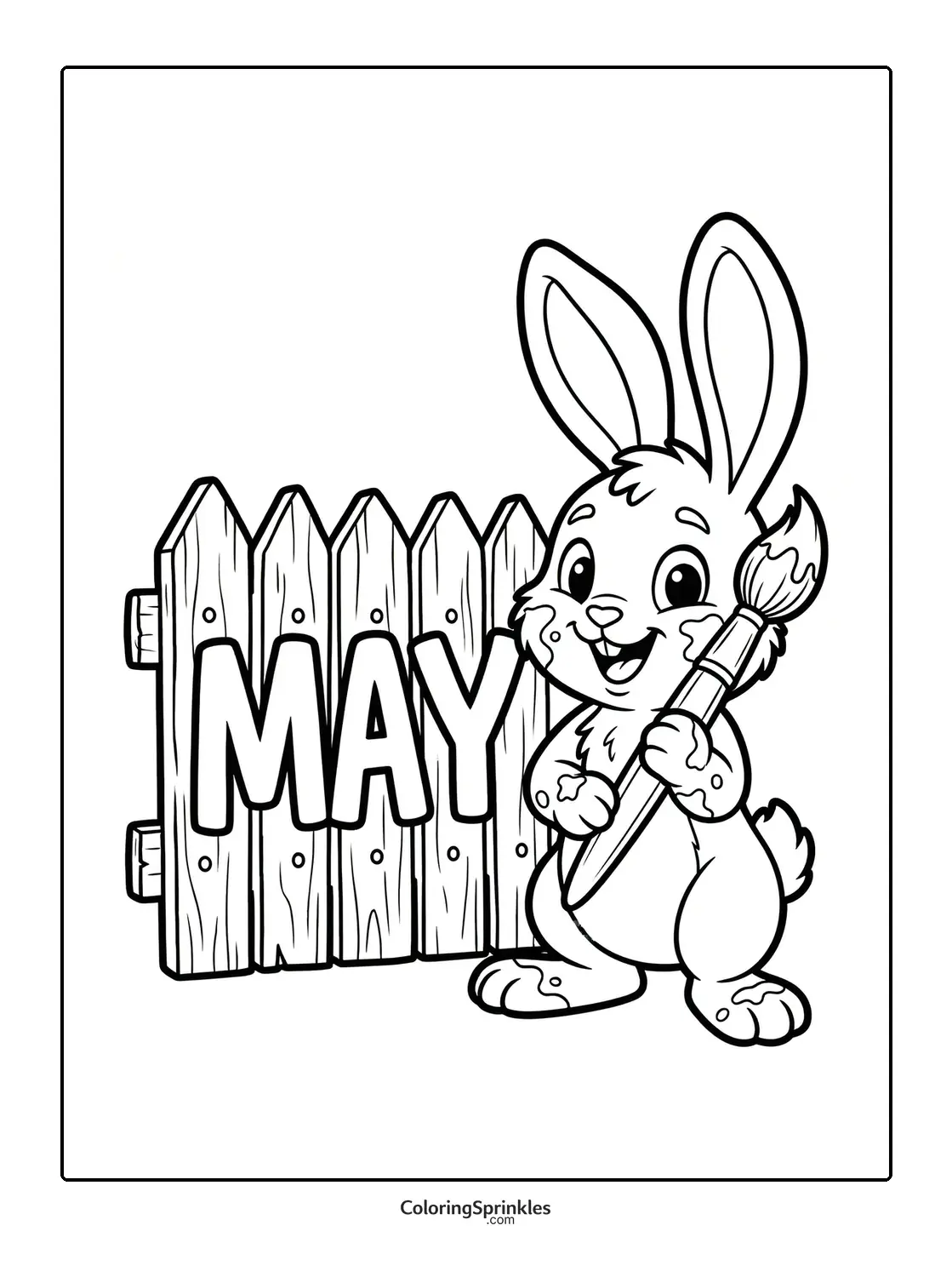 Coloring page of a bunny holding a paintbrush next to a wooden fence with the word May