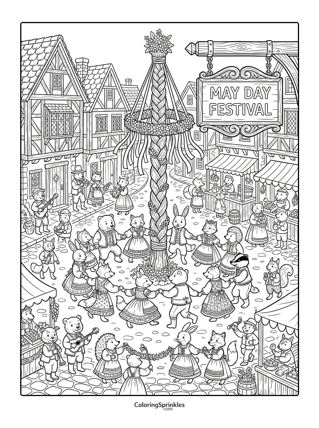 Coloring page of animals dancing around a maypole at a May Day festival