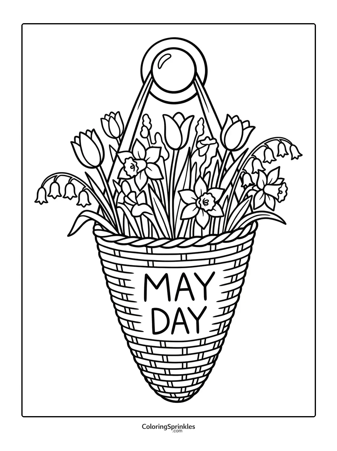 Coloring page of a May Day flower basket with tulips and daffodils