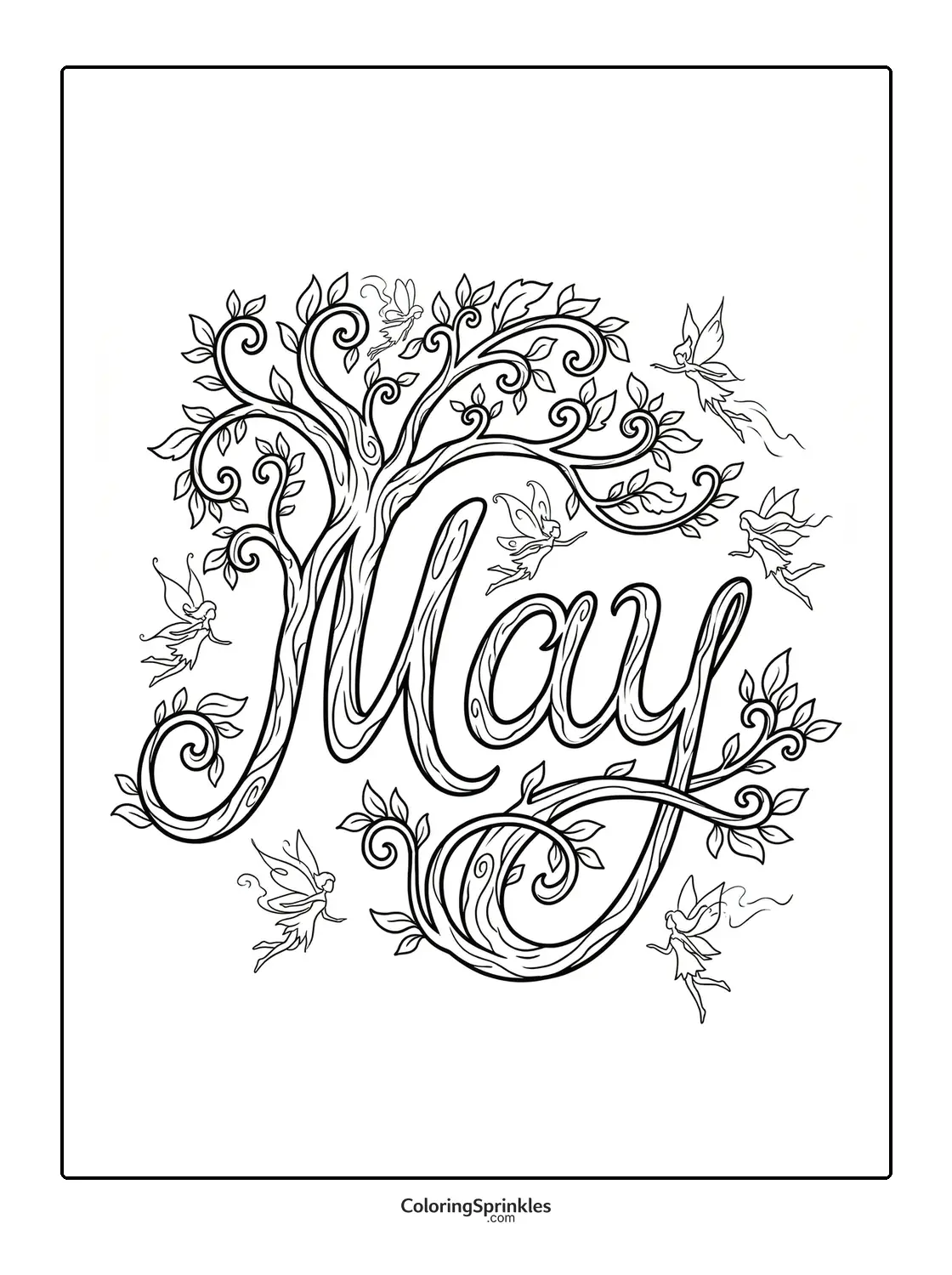Coloring page of the word May with floral tree branches and fairies