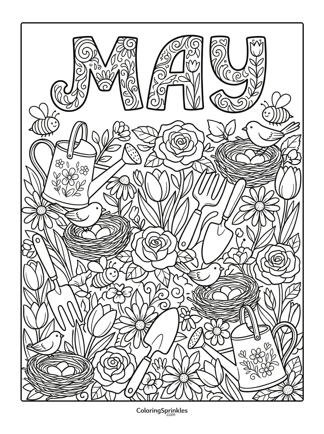 Coloring page of May with gardening tools, birds, nests, and flowers