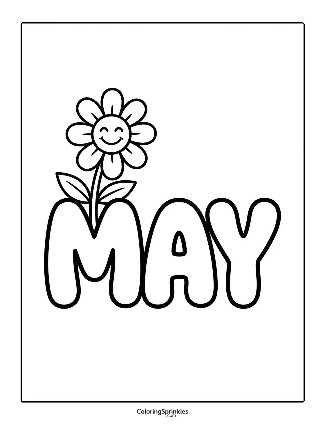 Coloring page of the word May with a smiling flower