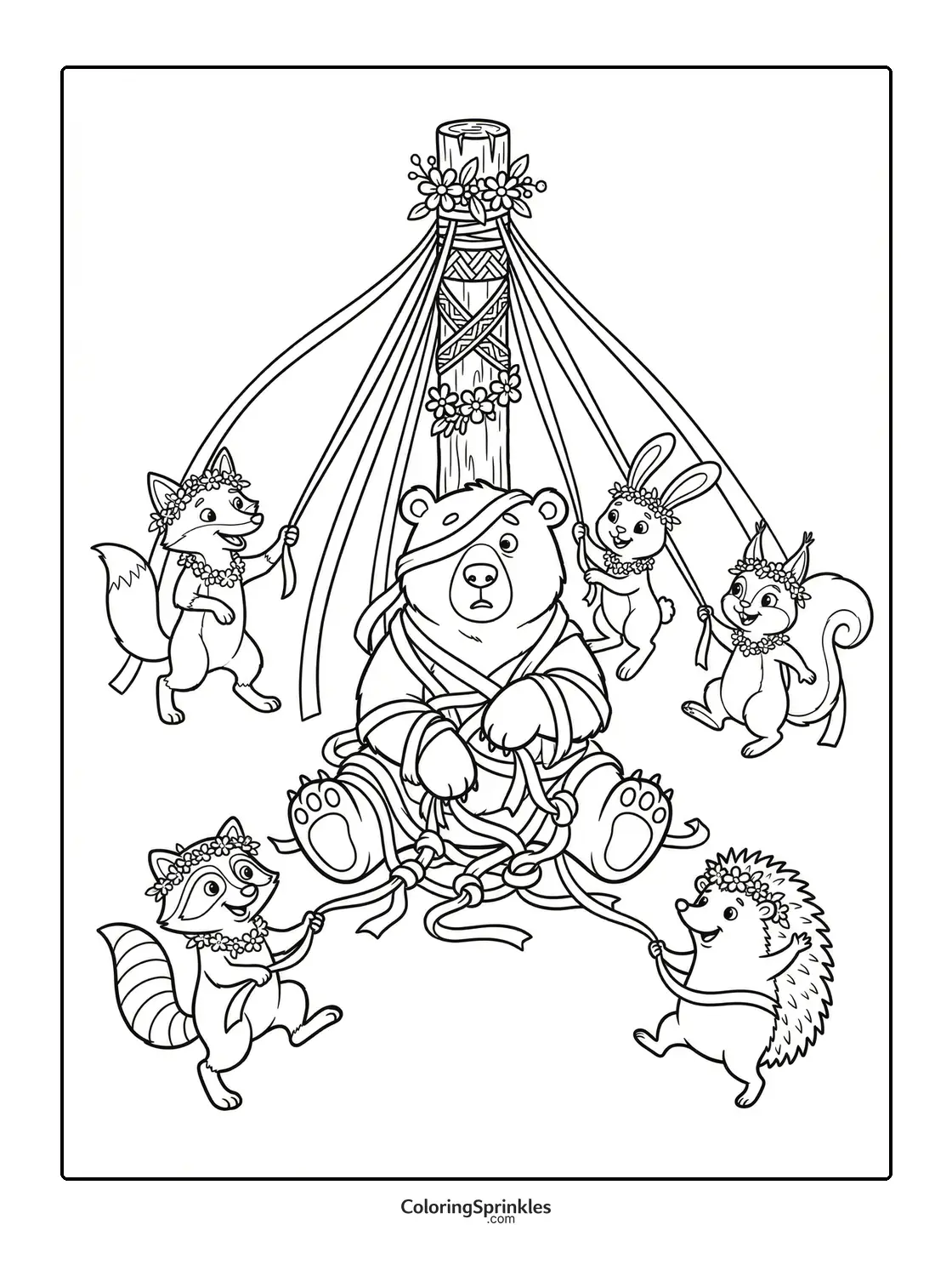 Coloring page of a bear tangled in ribbons at a maypole with woodland animals
