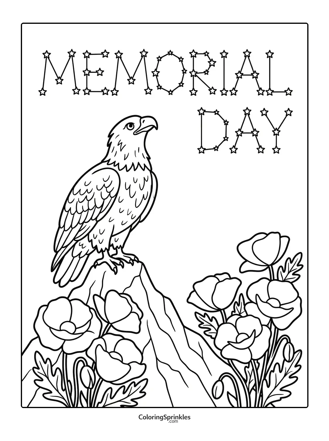 Coloring page of an eagle perched on a rock with flowers and Memorial Day text